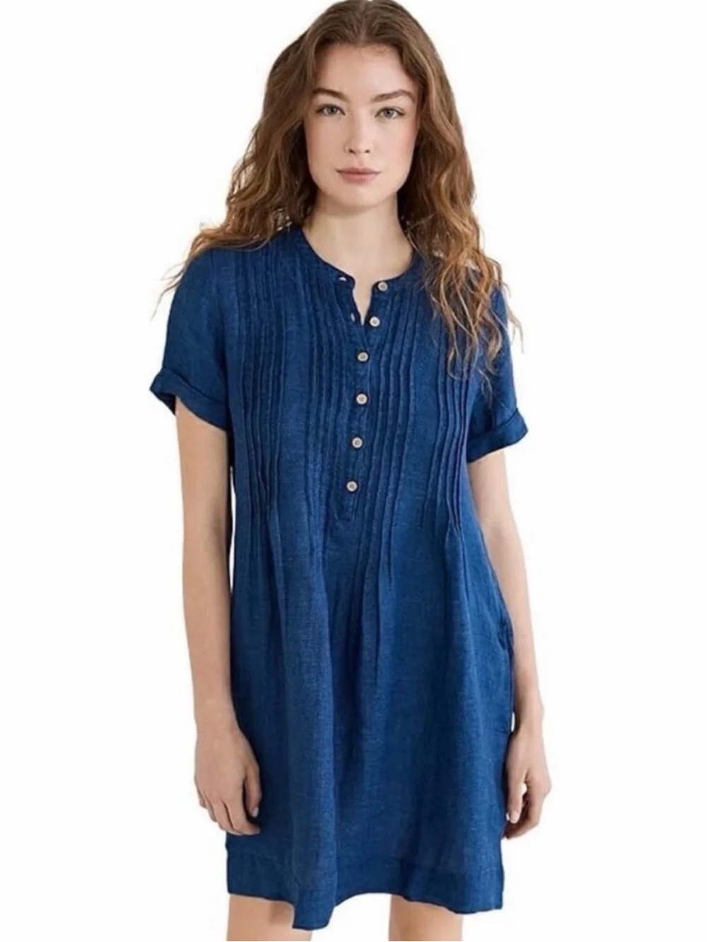 Faherty 100% Linen Gemina Basketweave Dress XXL Indigo Blue Short Sleeve Pintuck